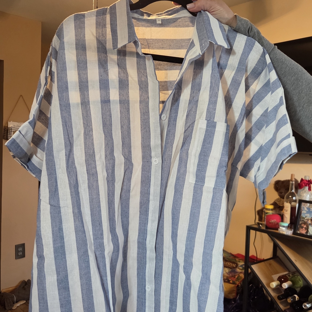 Womens Blue and White Vertical Stripe Short-Sleeve Shirt 2X